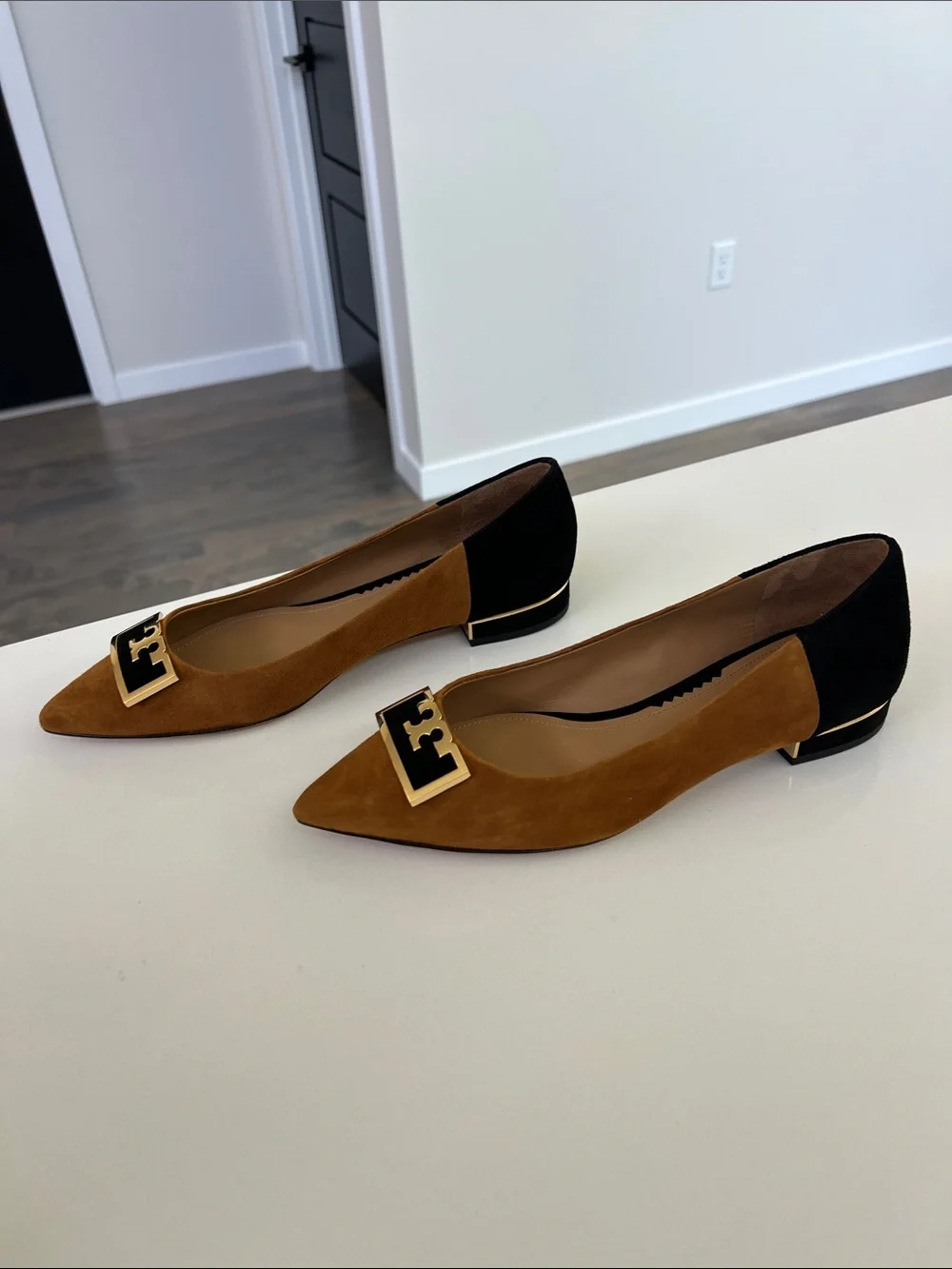 Tory Burch gigi 20mm pointy toe flat silk suede leather dark tiramisu tan black